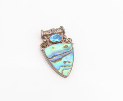 925 Sterling Silver Vintage Pendant SAJEN Abalone & Blue Topaz Swirls  PT25151
