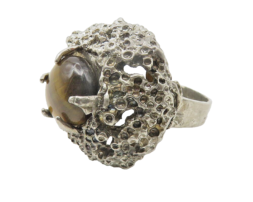 925 Sterling Silver  Vintage Tiger's Eye Sculpted Cocktail Ring Sz 7  RG11601