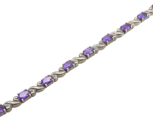 925 Sterling Silver  Vintage Amethyst & Dark Tone Swirl Chain Bracelet  BT6725
