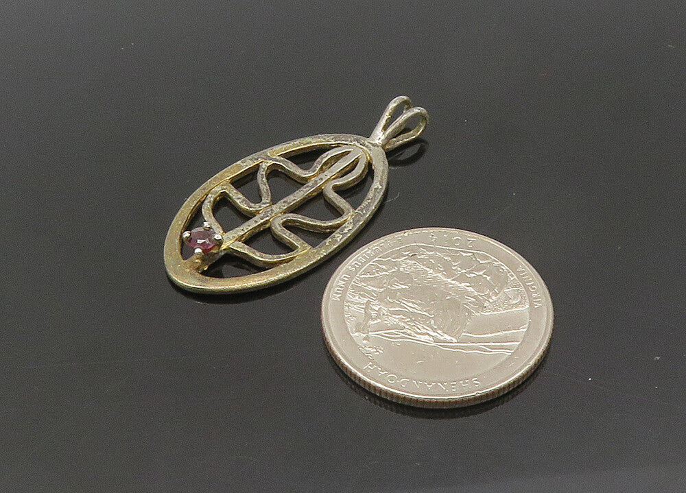 925 Sterling Silver  Vintage Prong Set Garnet Open Design Pendant  PT16922