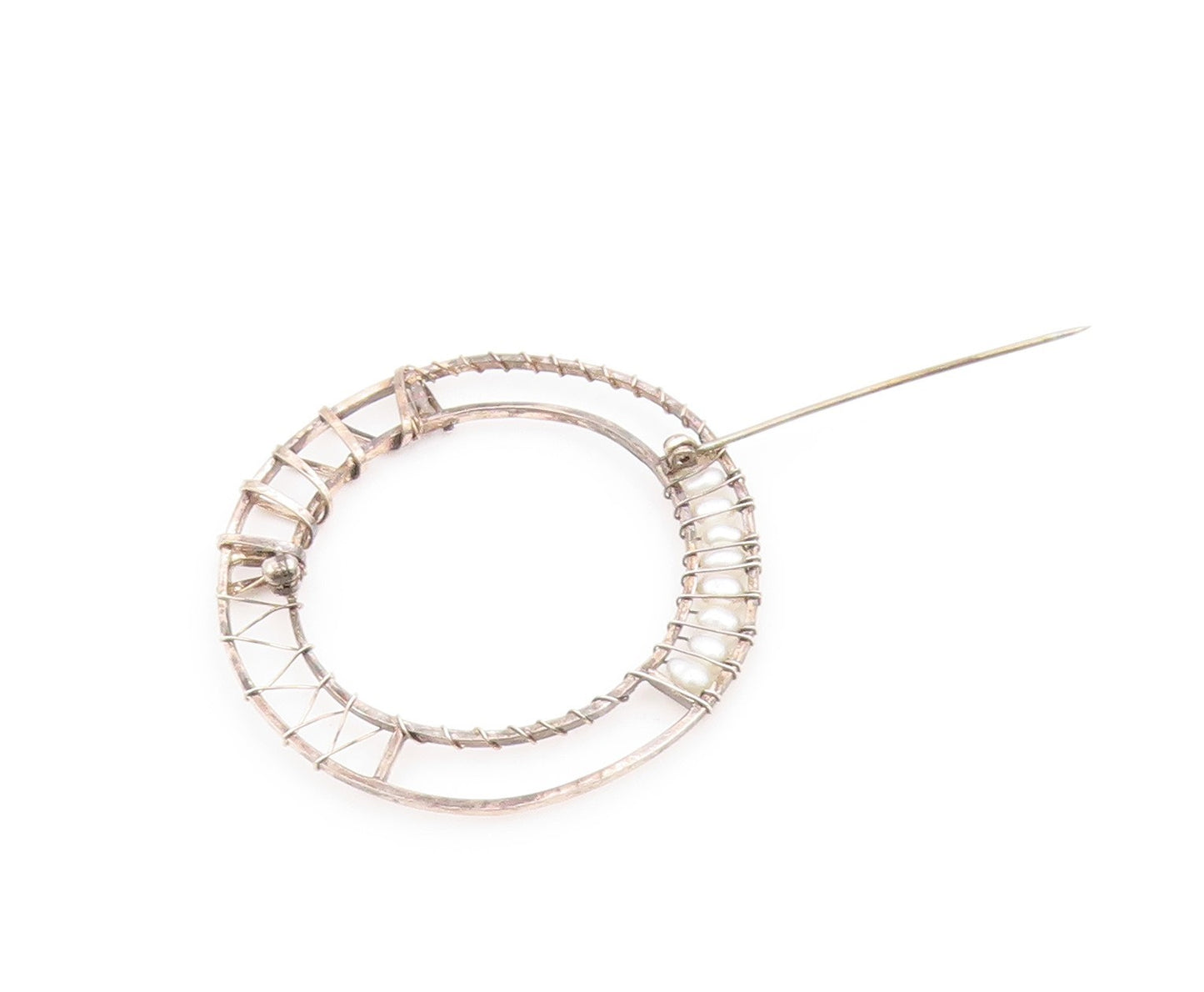 925 Sterling Silver Vintage Brooch Pin Modern Wire Wrapped Pearl Circle  BP12594