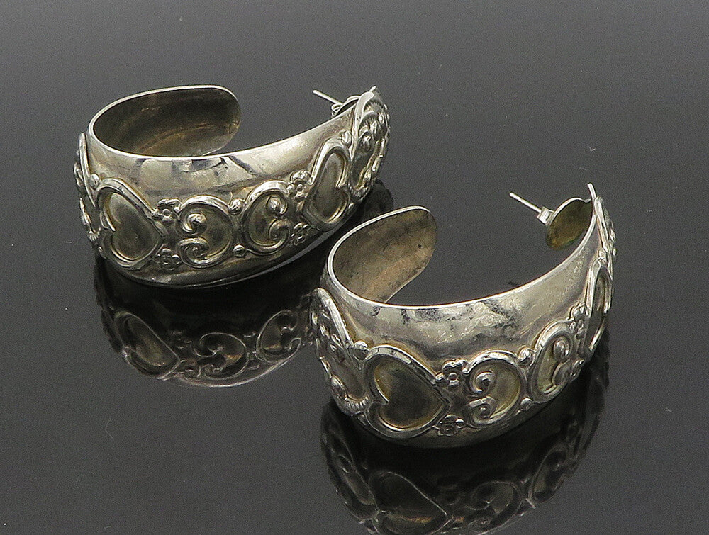 925 Sterling Silver  Vintage Shiny Love Heart Large J Hoop Earrings  EG11437