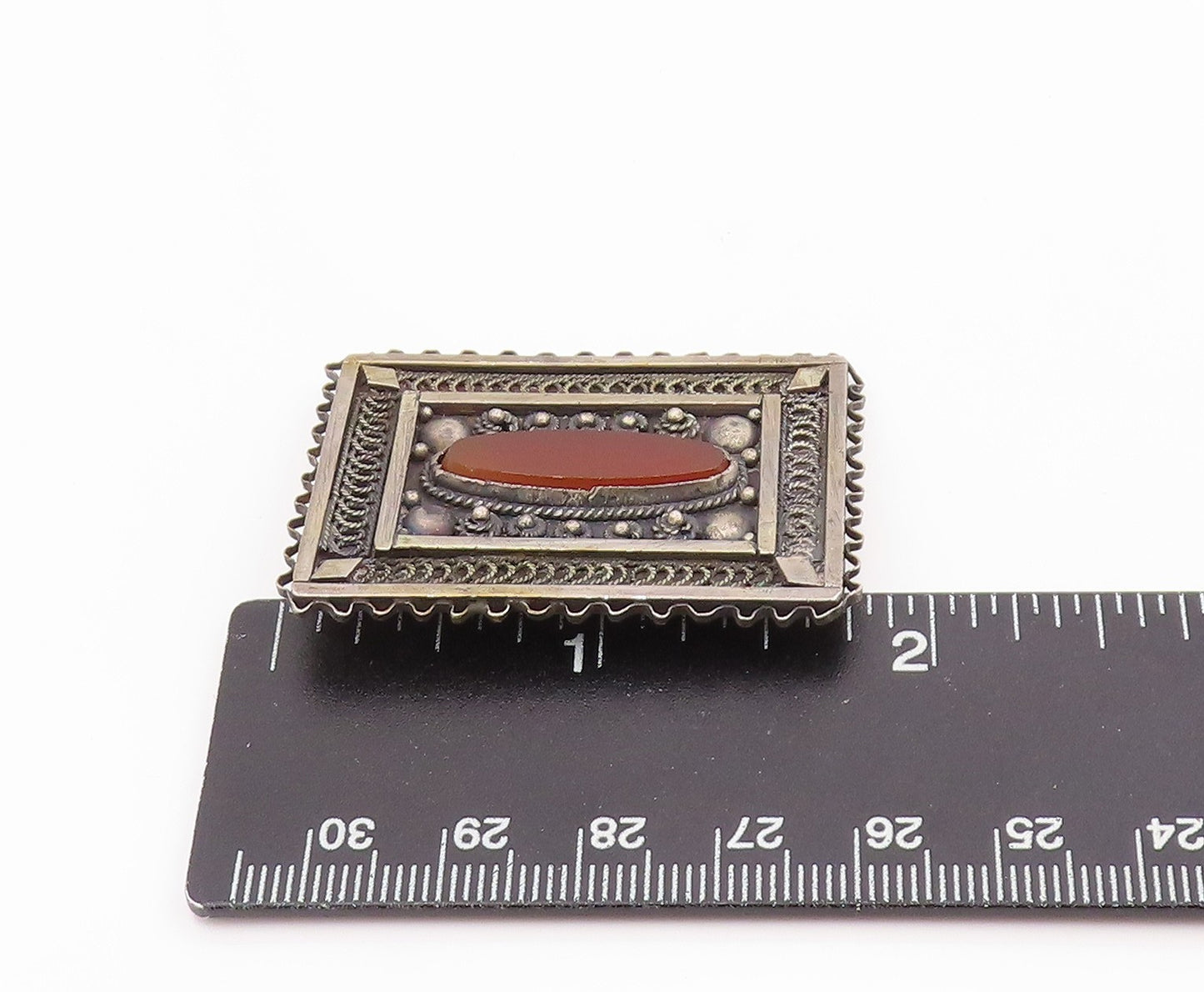 925 Sterling Silver Vintage Brooch Pin Carnelian Rectangular Filigree  BP12520