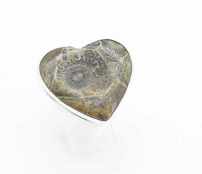 925 Sterling Silver  Love Heart Shaped Jasper Shiny Cocktail Ring Sz 9  RG7745