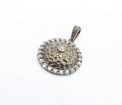 925 Sterling Silver  Vintage Cubic Zirconia Hammered Dome Drop Pendant  PT3556