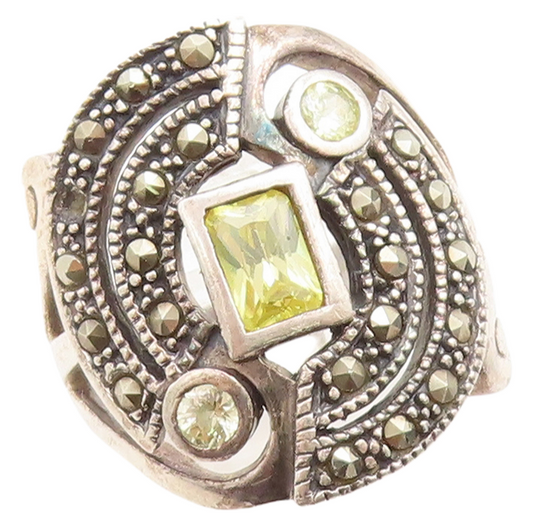 925 Sterling Silver Vintage Ring Designer Cut Peridot & Marcasite  Sz 7  RG31532