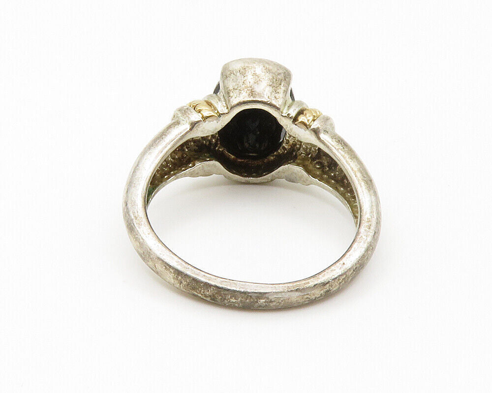 925 Sterling Silver & 14K GOLD  Vintage Black Hematite Band Ring Sz 7  RG14727