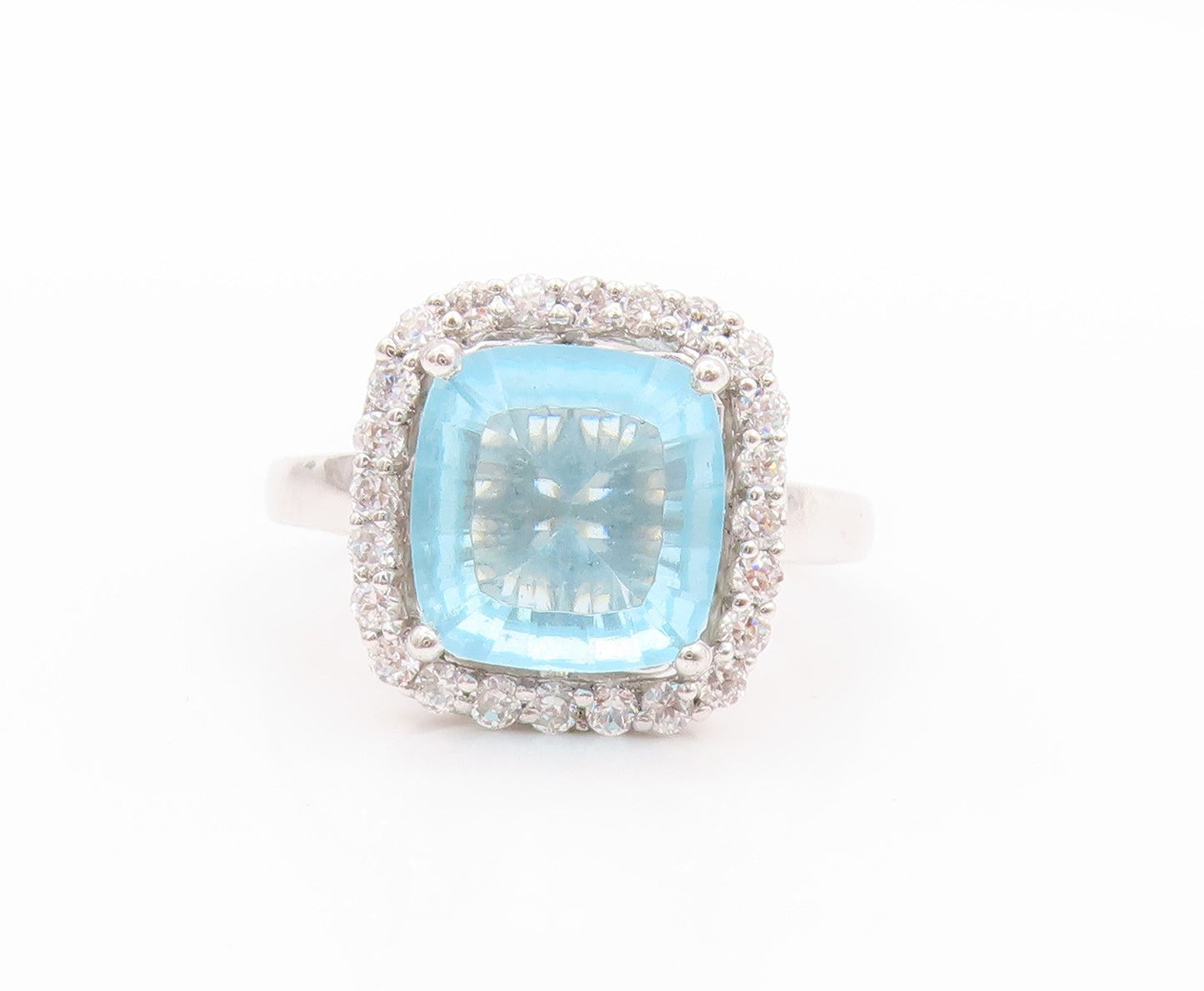 925 Sterling Silver Vintage Ring Square Cut Blue Topaz Halo CZ  Sz 7.5  RG32490