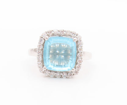 925 Sterling Silver Vintage Ring Square Cut Blue Topaz Halo CZ  Sz 7.5  RG32490