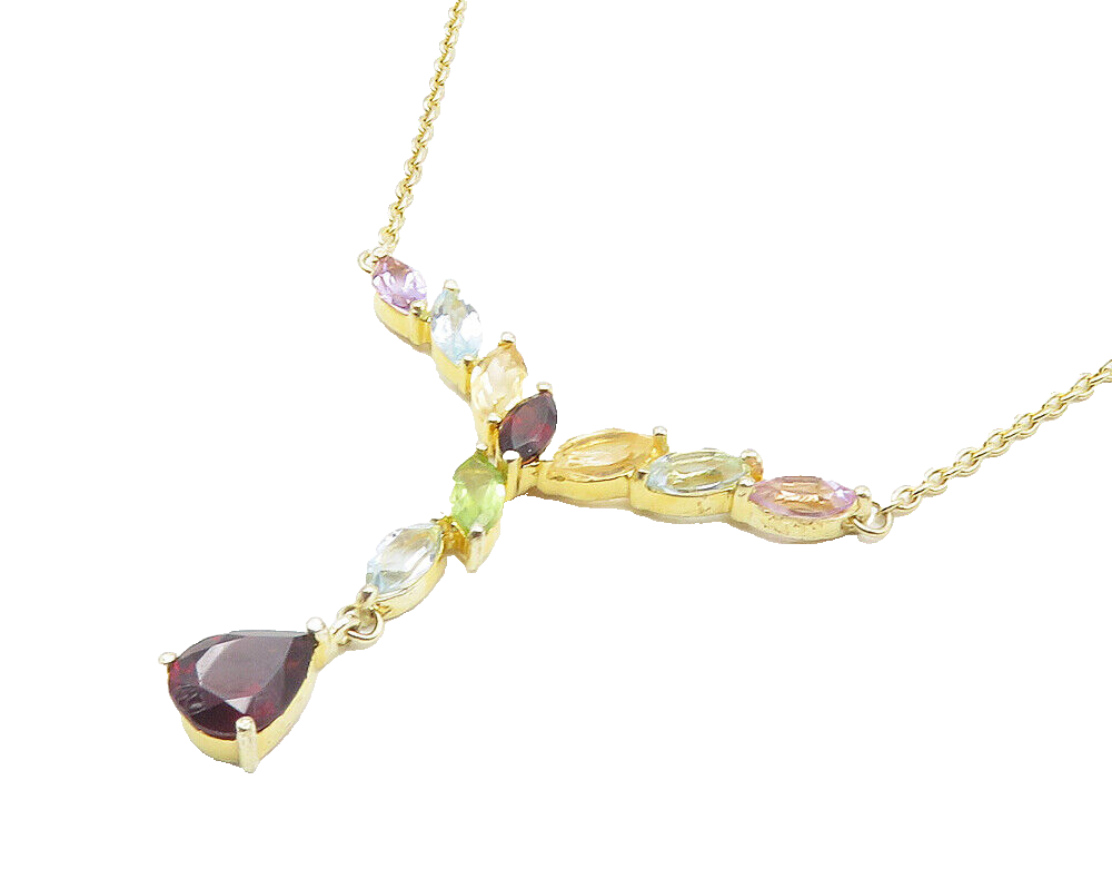 925 Sterling Silver Garnet & Multi Stone Gold Plated Chain Necklace NE1957