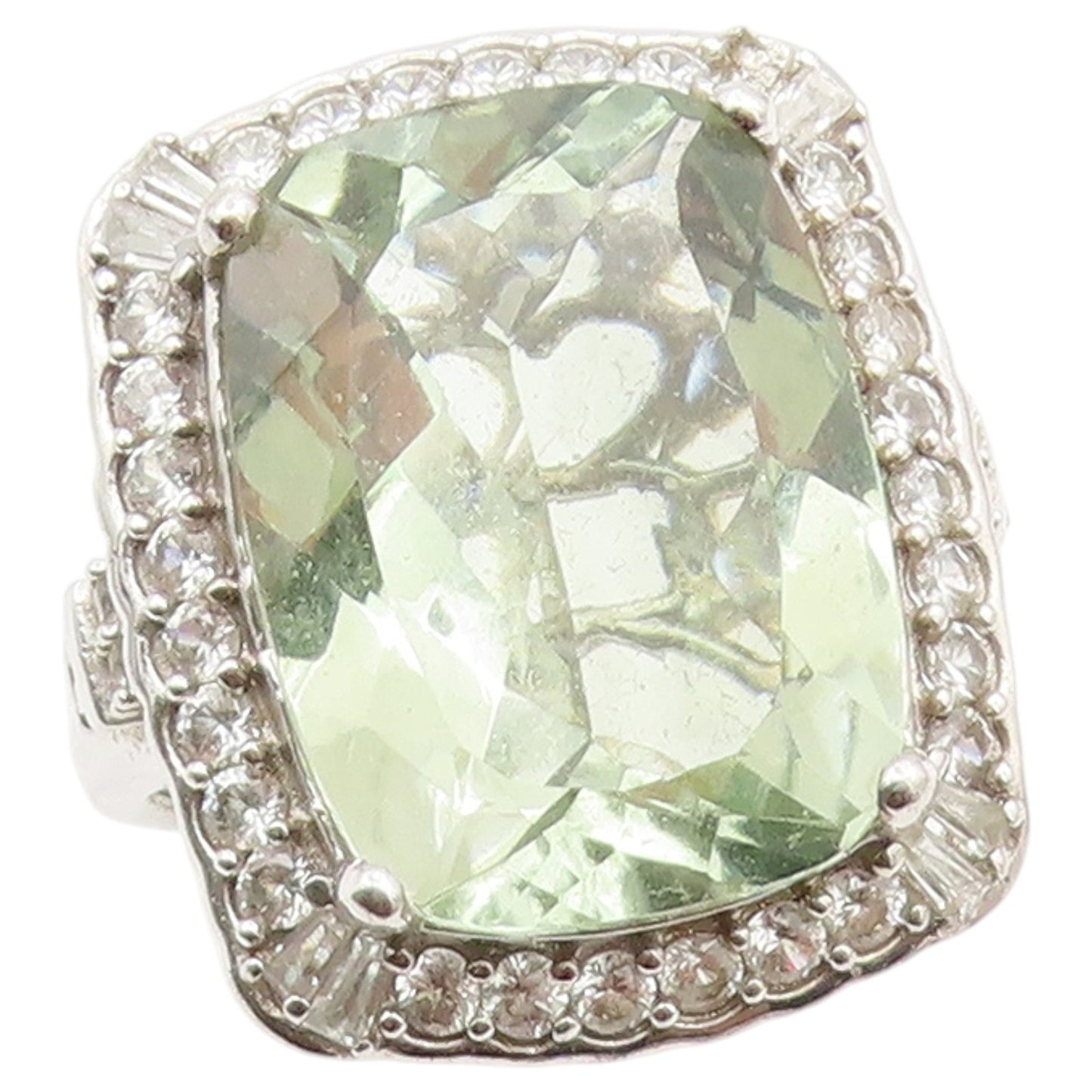 925 Sterling Silver Vintage Ring D'JOY Green Amethyst Halo Topaz  Sz 10  RG36492