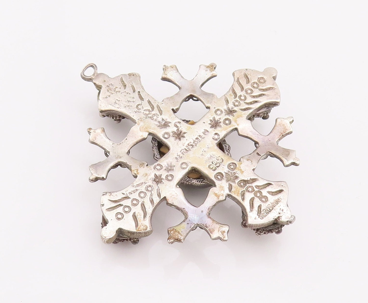 925 Sterling Silver Vintage Pendant JERUSALEM Antique Floral Checks Net  PT22958
