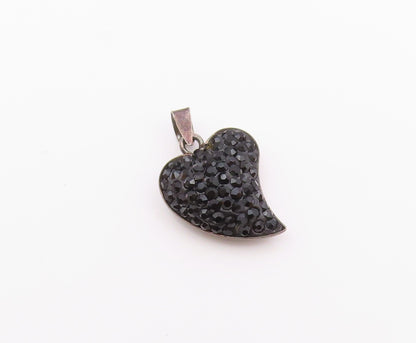 925 Sterling Silver  Vintage Black Hematite Encrusted Heart Pendant  PT14536