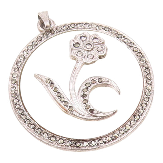 925 Sterling Silver  Vintage Mother Of Pearl & Marcasite Pendant  PT11495