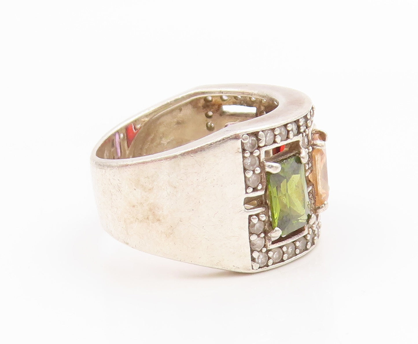 925 Sterling Silver Vintage Ring Multi Gemstone Statement Band  Sz 8.5  RG35841