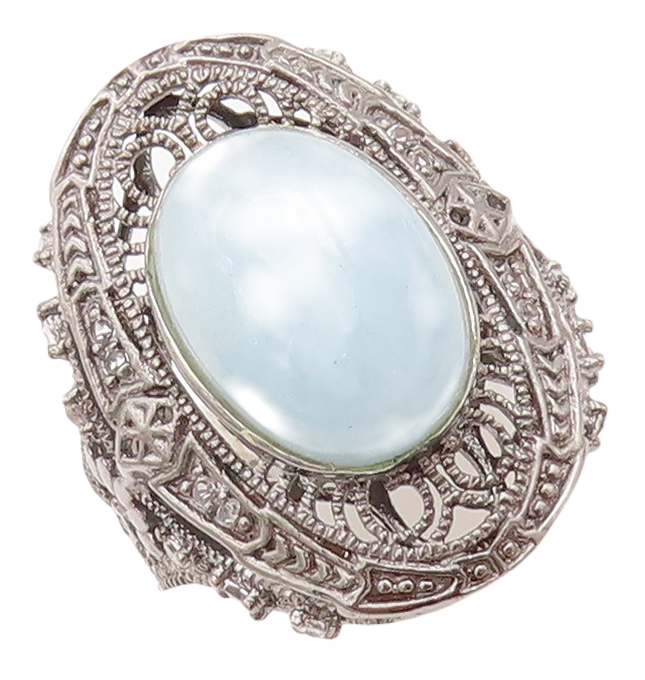 925 Sterling Silver Vintage Ring Cabochon Aqua Floral Carved Topaz Sz 7  RG29260