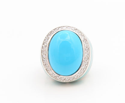 925 Sterling Silver Vintage Ring Large Turquoise & CZ Dome Band  Sz 6  RG35554