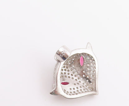 925 Sterling Silver Vintage Pendant Pink Topaz & CZ Sparkling Fox Head  PT26588