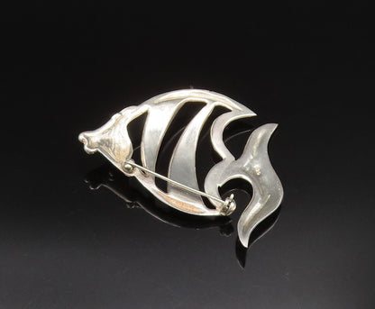 925 Sterling Silver  Vintage Carved Beaded Fish Cutout Brooch Pin  BP9571