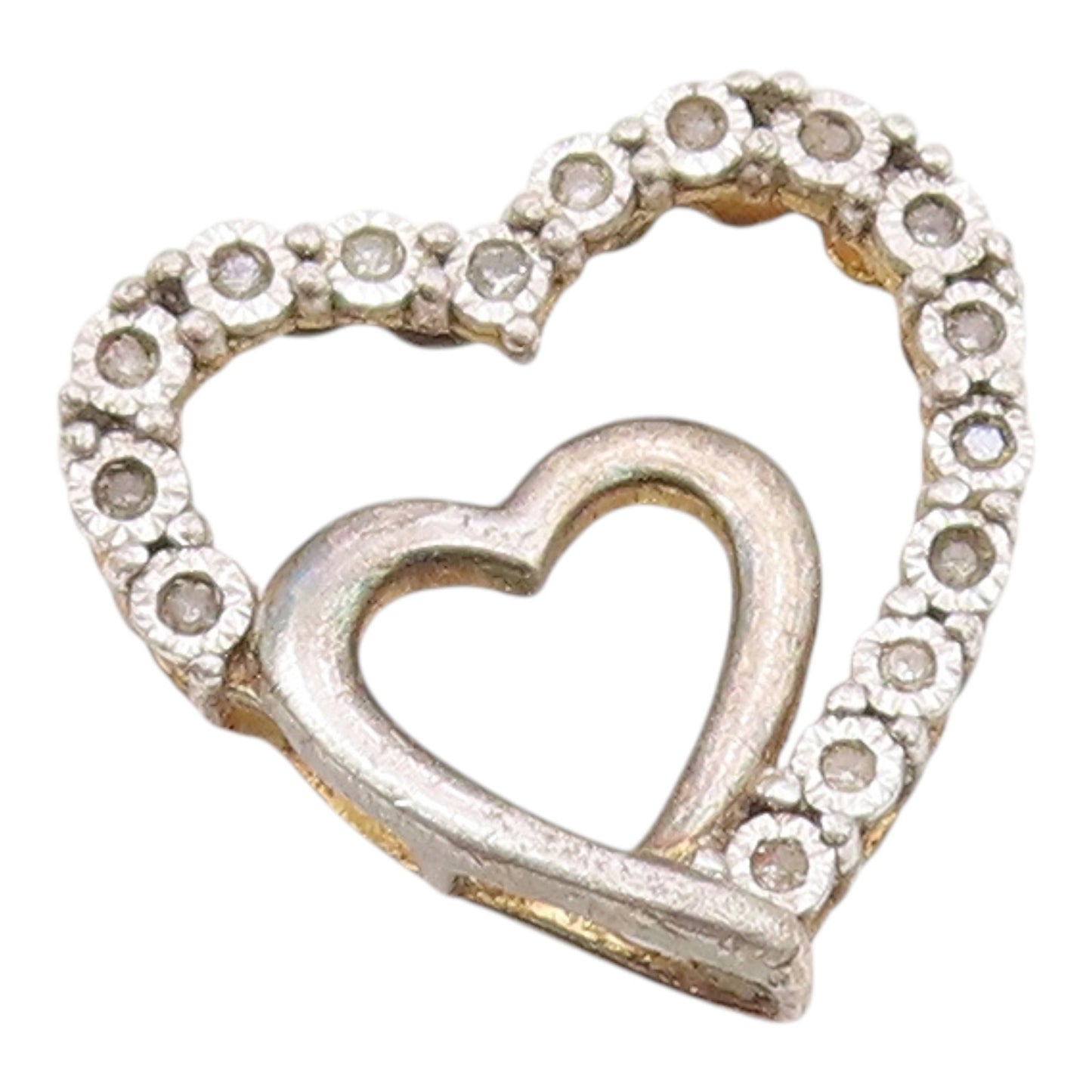 925 Sterling Silver  Vintage Genuine Diamonds Open Love Hearts Pendant PT14294