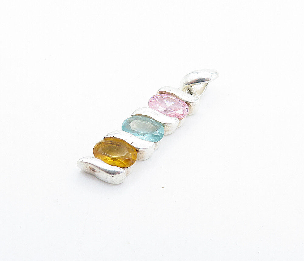 925 Sterling Silver  Citrine & Topaz 3 Stone Vertical Drop Pendant  PT4158