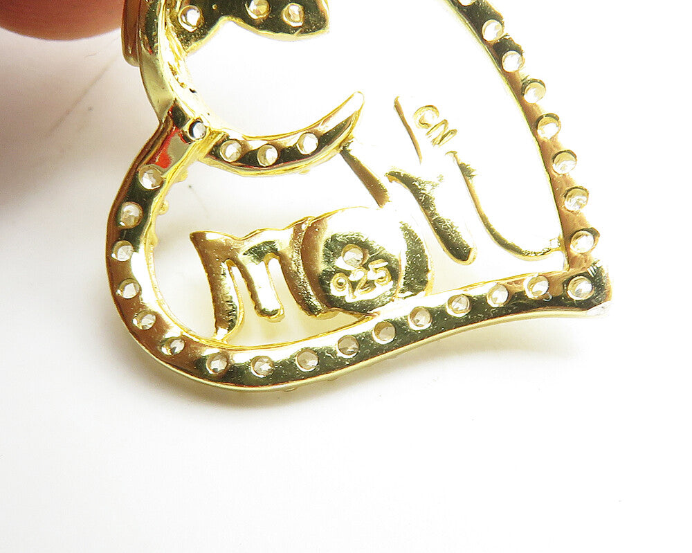 925 Silver  Shiny Cubic Zirconia Gold Plated Mom Love Heart Pendant  PT14742