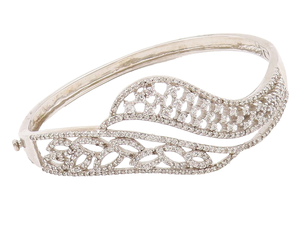 925 Sterling Silver Vintage Bracelet Swirly Topaz Beaded Carved Leaf  BT10318