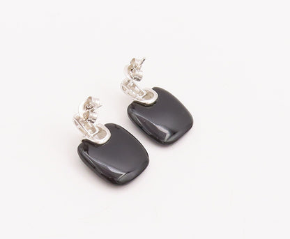 925 Sterling Silver Vintage Earrings Square Cabochon Onyx Beaded CZ  EG13010