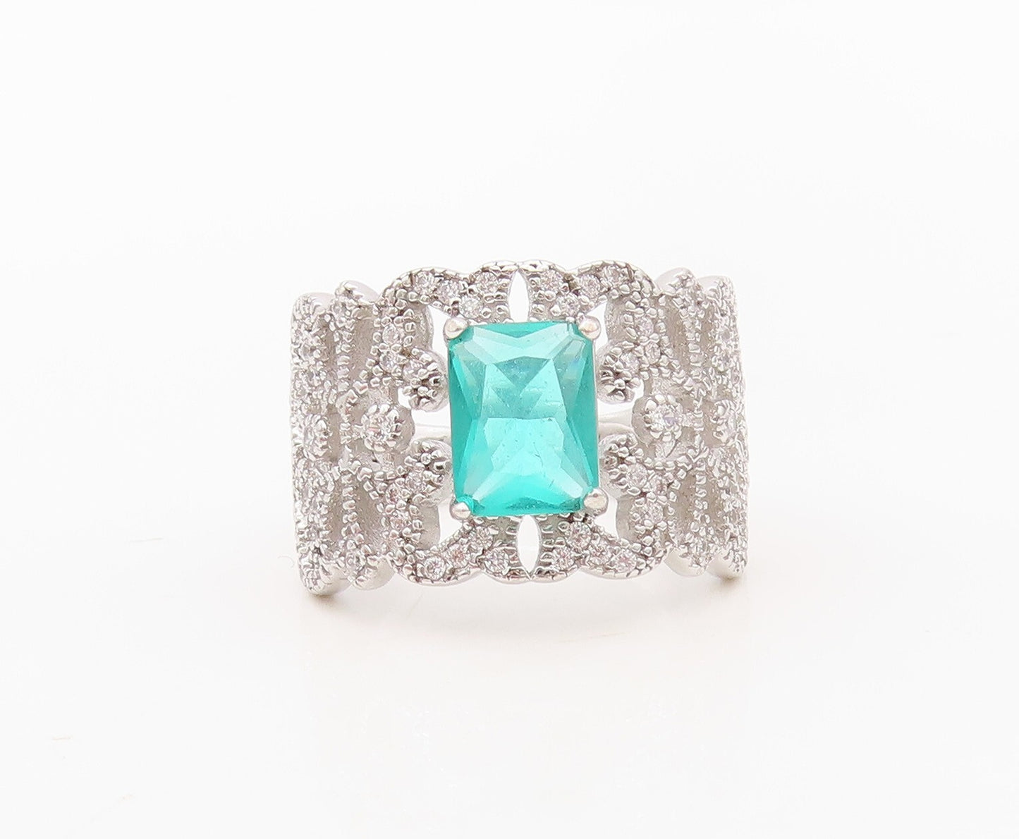 925 Sterling Silver Vintage Ring Floral Cutout White & Sea Green CZ Sz 7 RG30259