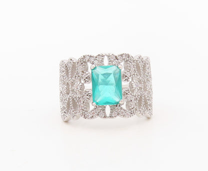 925 Sterling Silver Vintage Ring Floral Cutout White & Sea Green CZ Sz 7 RG30259