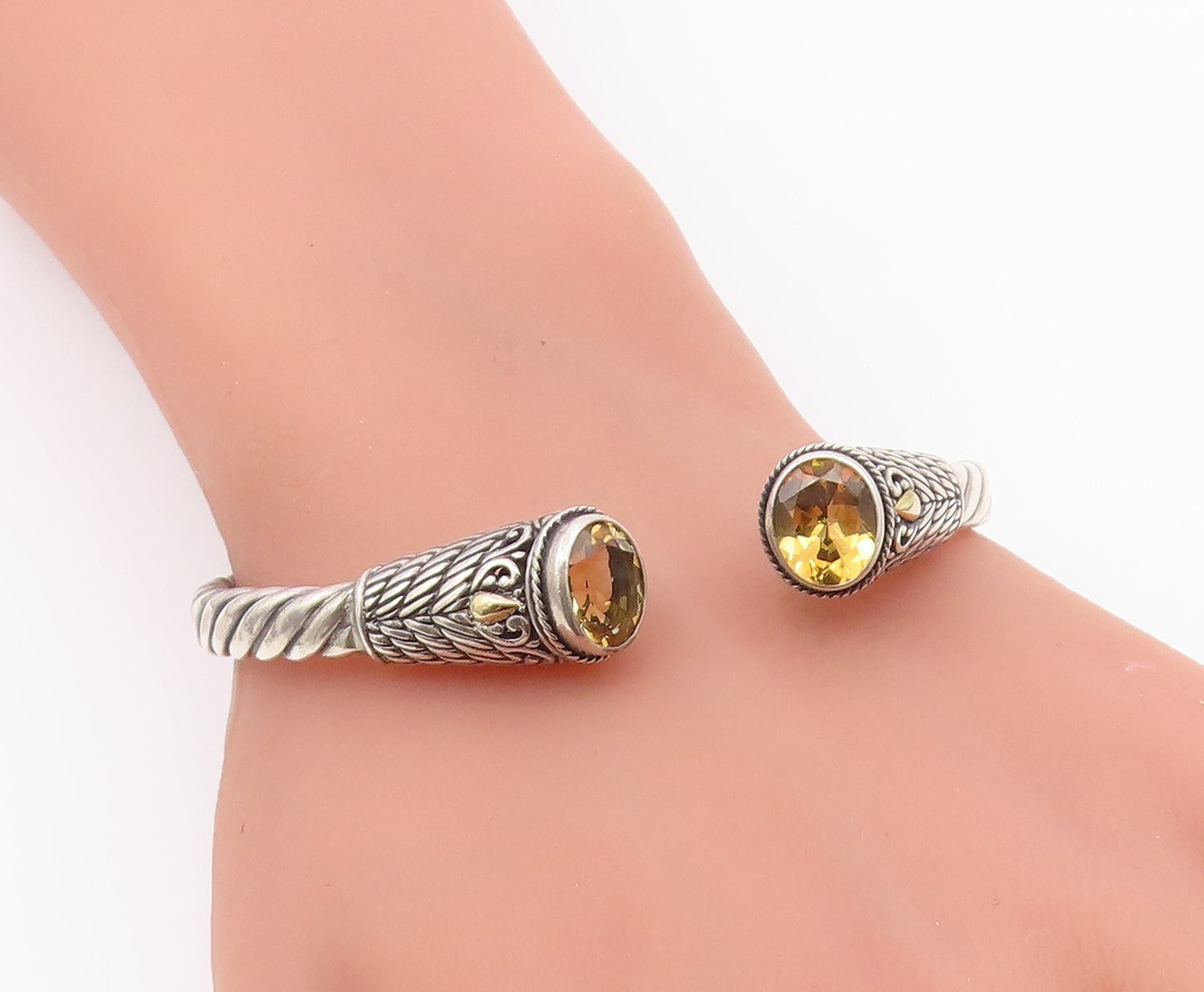 925 Sterling Silver & 18K GOLD  Vintage Citrine Twist Cuff Bracelet  BT8618