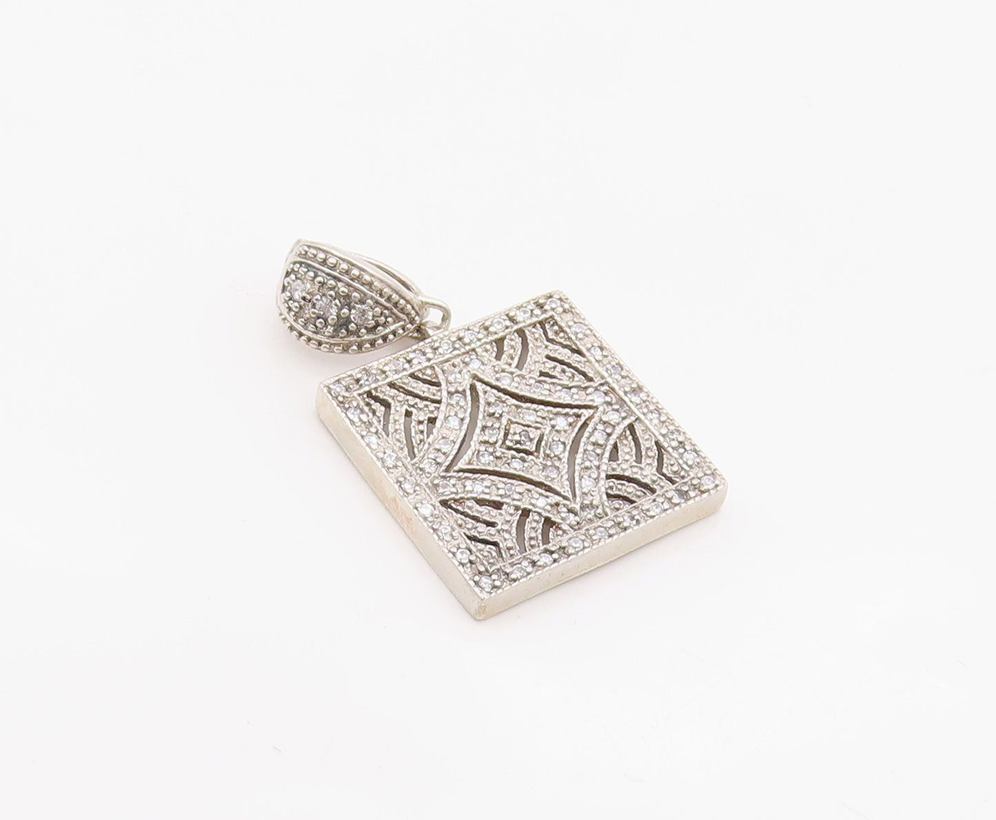 925 Sterling Silver Vintage Pendant White Topaz Geometric Square Charm  PT26332