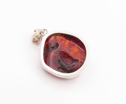 925 Sterling Silver Vintage Pendant Large Amorphas Cabochon Honey Amber  PT24359