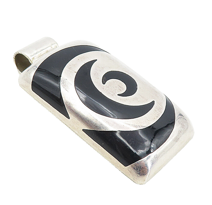 MEXICO 925 Sterling Silver  Vintage Inlaid Black Onyx Design Pendant BP3178