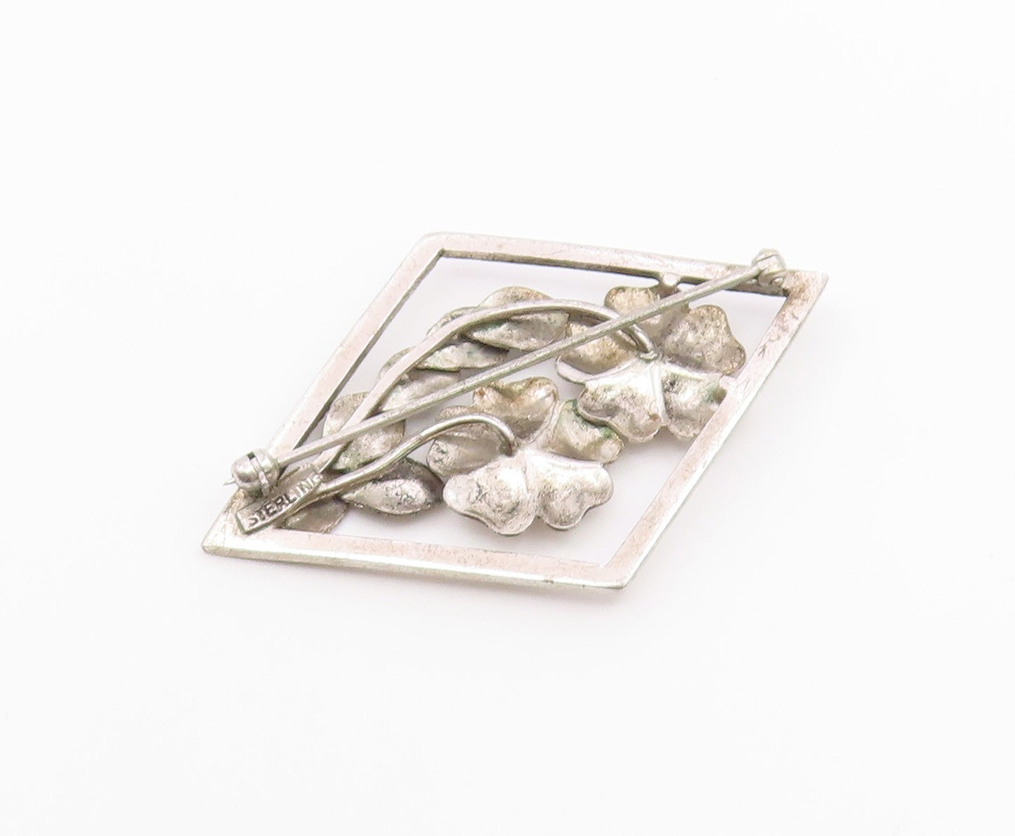925 Sterling Silver  Vintage Sparkling Flowers Diamond Shape Brooch Pin BP8121