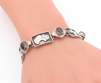 925 Sterling Silver Vintage Bracelet MEXICO Onyx Animals Motif Design  BT11364