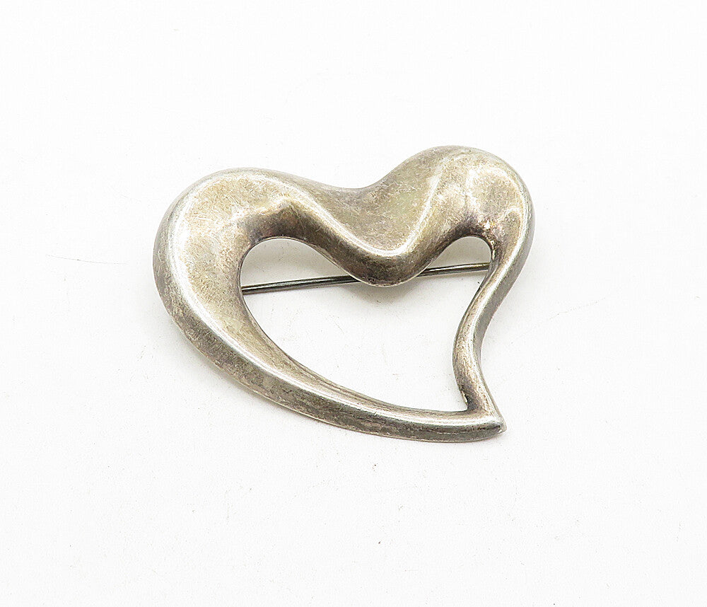 925 Sterling Silver  Vintage Dark Tone Open Love Heart Brooch Pin  BP1452
