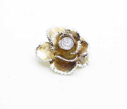 925 Sterling Silver  Vintage Cubic Zirconia Centered Flower Brooch Pin  BP1782