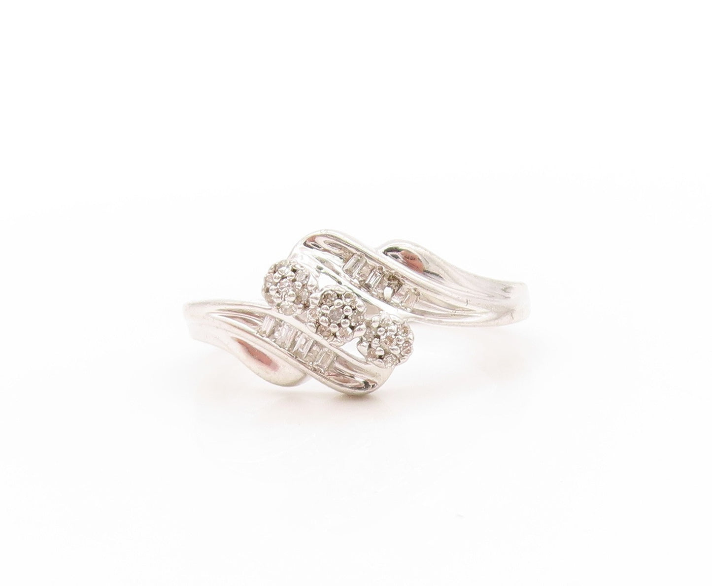 925 Sterling Silver Vintage Ring Modernist Genuine Round Diamonds Sz 7 RG32889