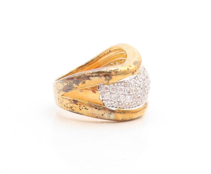 925 Sterling Silver Vintage Ring Gold Plated Bordered CZ Wave Inlay Sz 8 RG30097