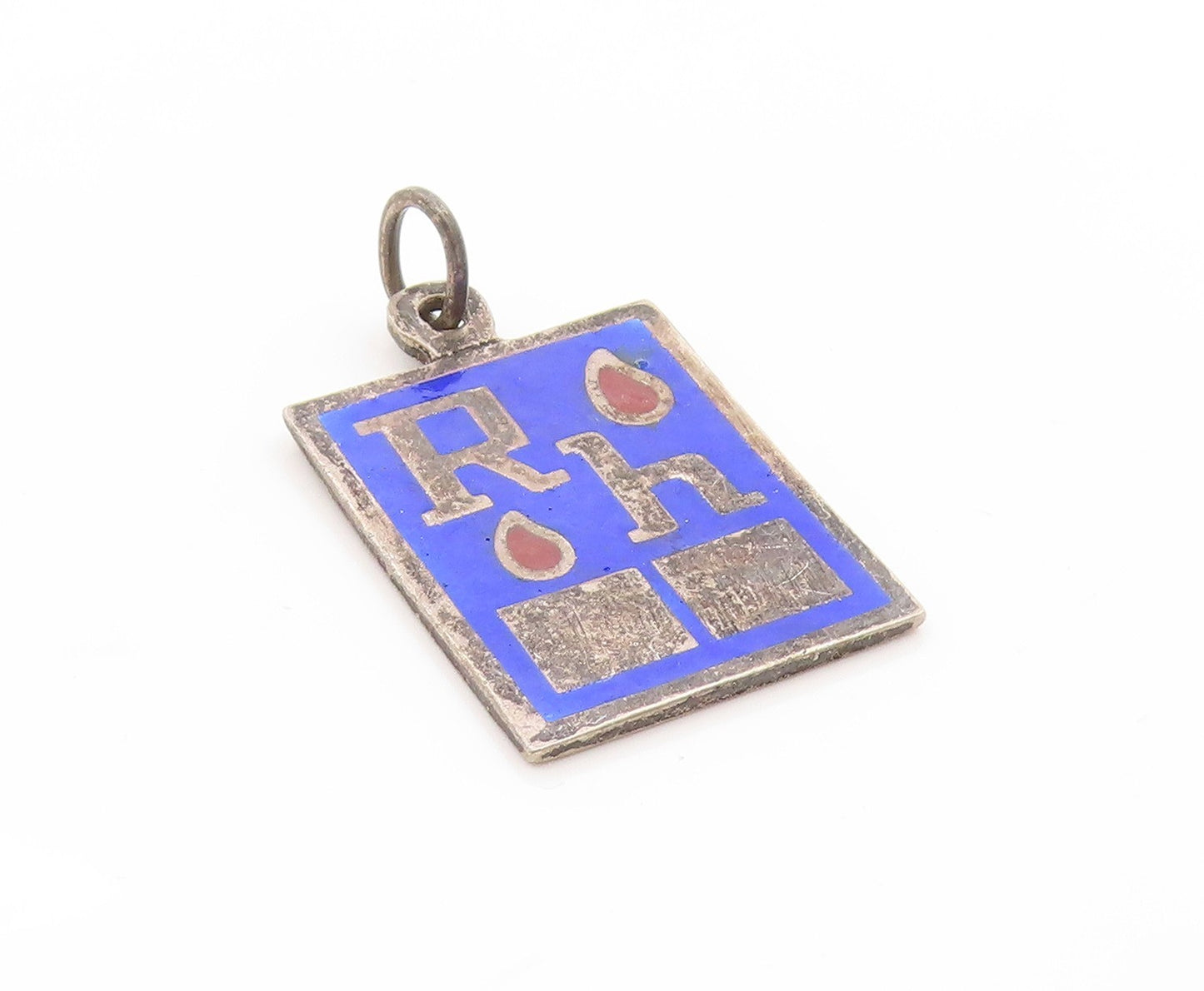 925 Sterling Silver Vintage Pendant Enameled RH Factor Medical ID Tag  PT25026