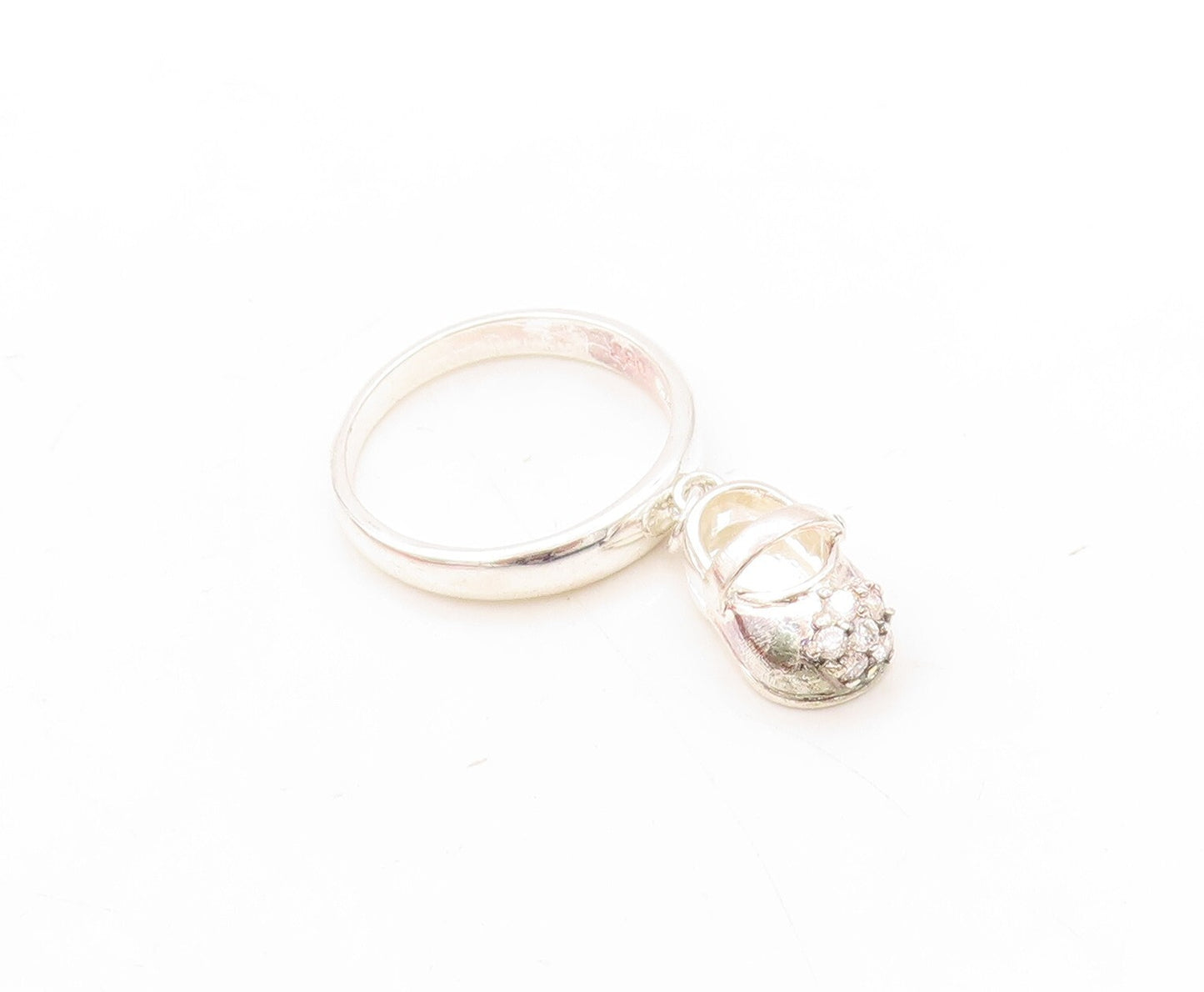 925 Sterling Silver Vintage Ring CZ Inlay Dangling Shoe Charm  Sz 7  RG31117