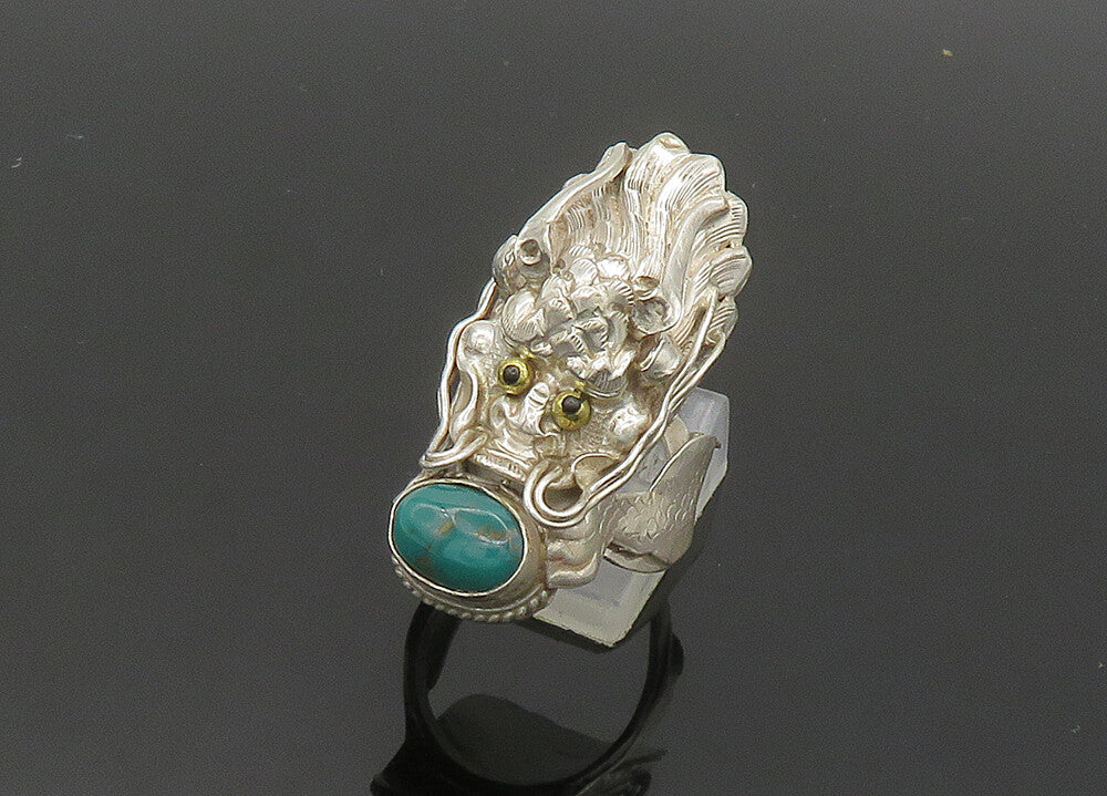 925 Silver  Vintage Turquoise & Black Onyx Dragon Head Ring Sz 9  RG20051