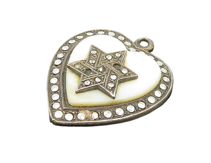925 Sterling Silver  Vintage Antique Mother Of Pearl Heart Pendant  PT14675