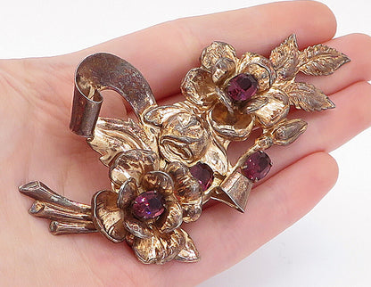925 Sterling Silver  Vintage Amethyst Copper Tone Floral Brooch Pin  BP1881