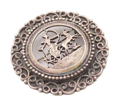 925 Sterling Silver Vintage Brooch Pin Antique Carved War Landscape  BP10887