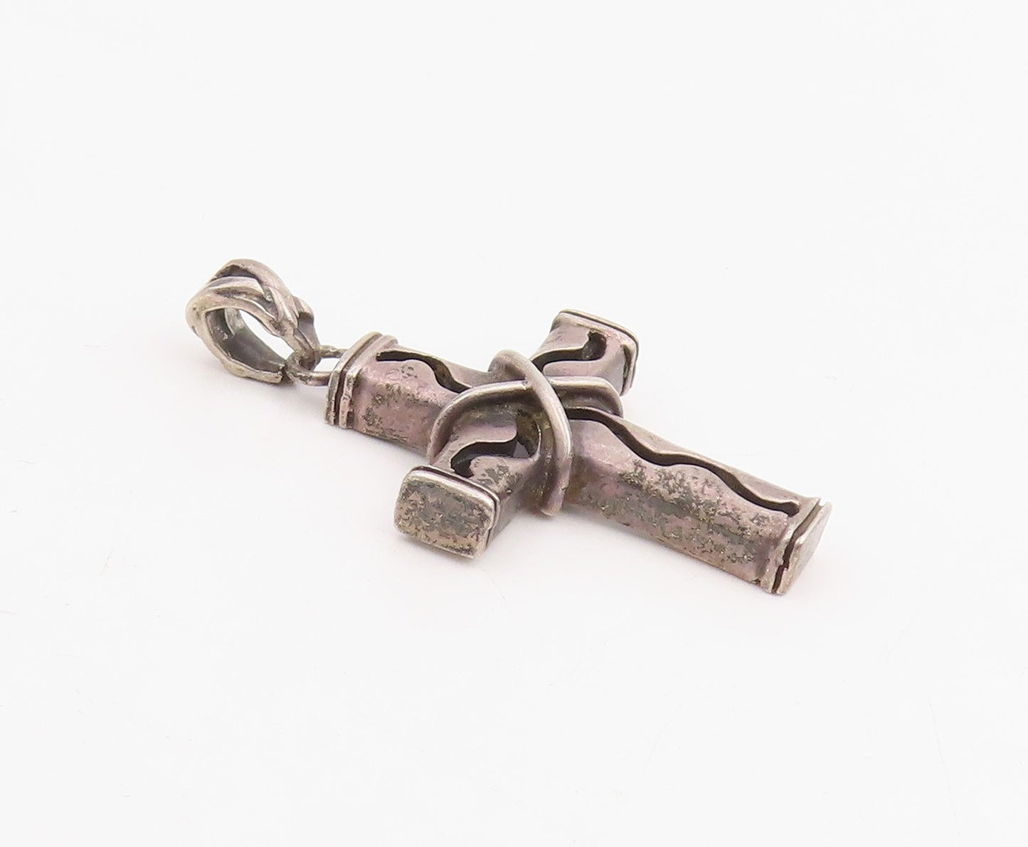925 Sterling Silver Vintage Pendant Wavy Wire Wrapped Religious Cross  PT25884