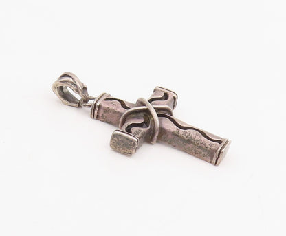 925 Sterling Silver Vintage Pendant Wavy Wire Wrapped Religious Cross  PT25884