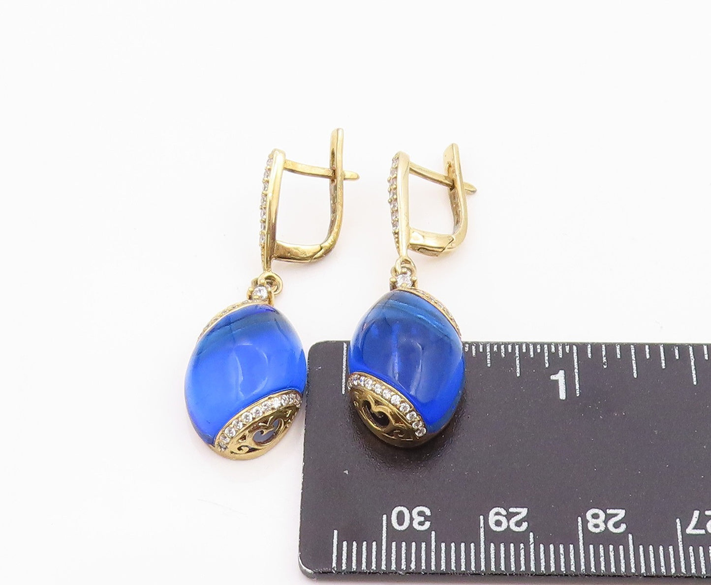 925 Sterling Silver Vintage Earrings Gold Plated Sapphire & CZ Drop  EG14242