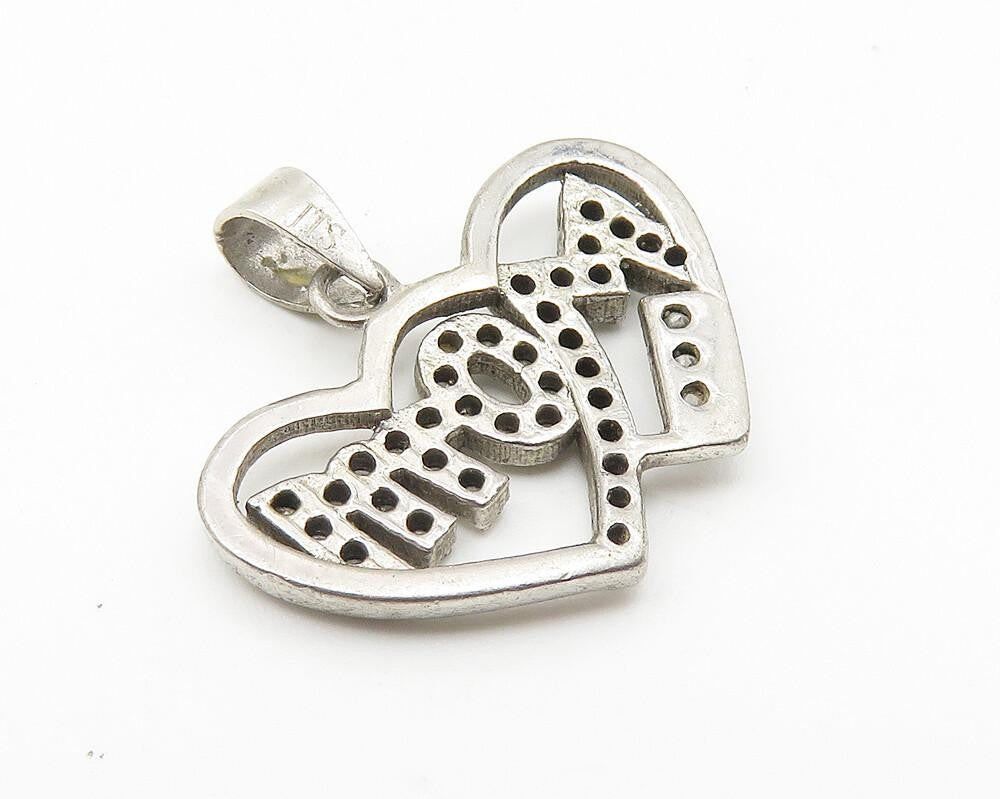 925 Sterling Silver  Vintage Topaz Mom Double Love Heart Drop Pendant  PT8314